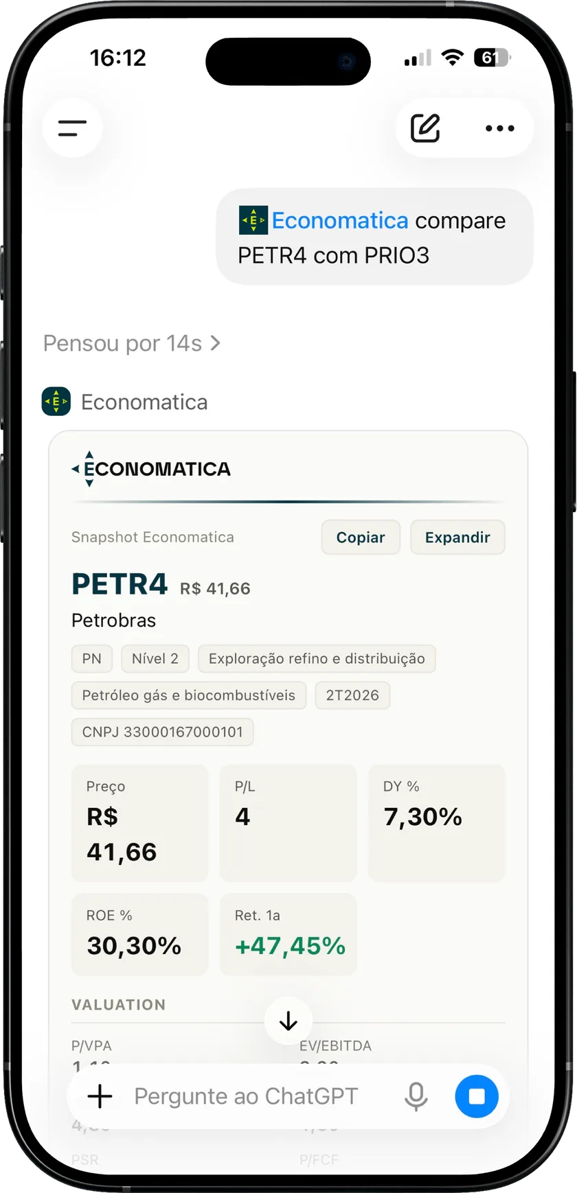 Kento no ChatGPT: comparação de PETR4 com PRIO3 com preço, P/L, dividend yield e ROE da base Economatica