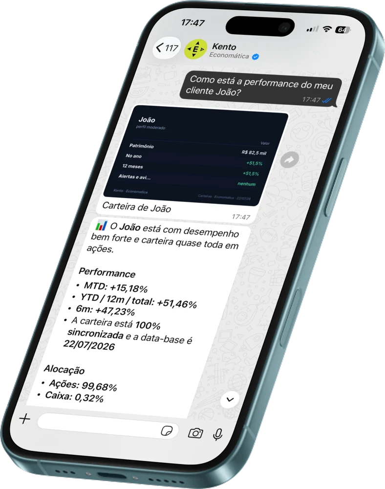 Kento on WhatsApp: a client's portfolio analyzed with performance and allocation