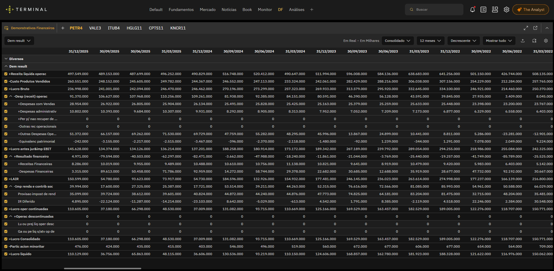 Economatica Terminal, Financial Statements module
